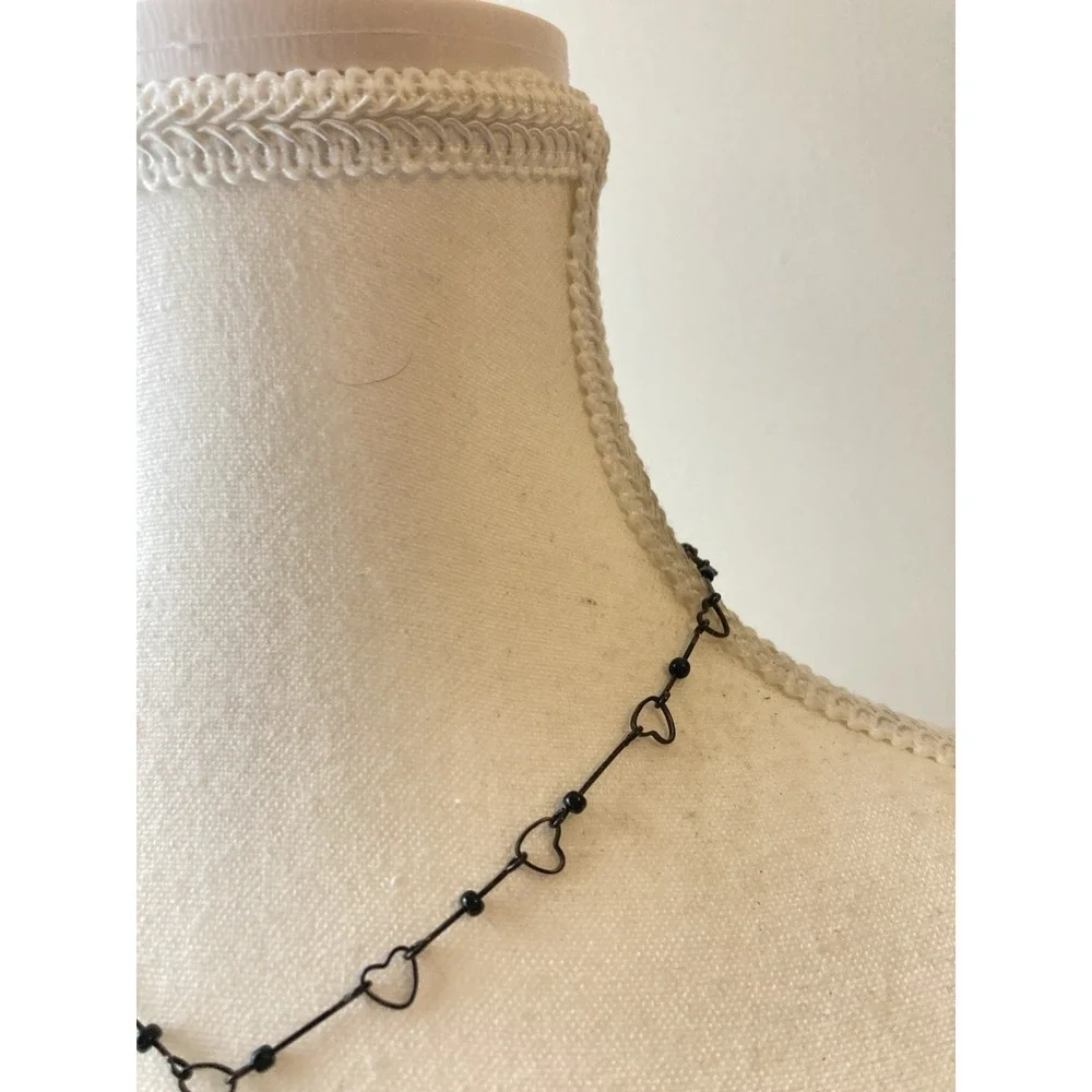 Black Wire Heart Choker Necklace Pink Faceted Heart Charm Y Drop Gothic‎ Dainty